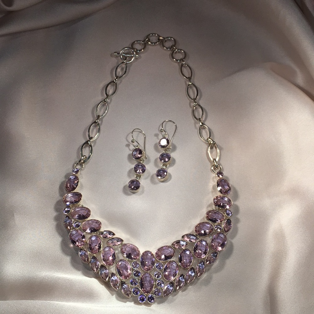 .925 silver  rose quartz bib necklace & earrings.
